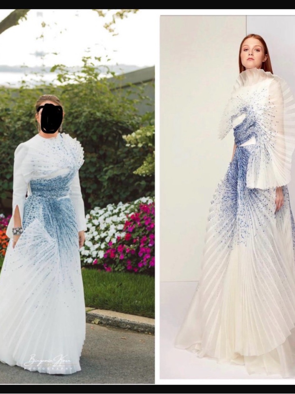 Isabel Sanchis Women’s Off White and Blue Pleated Evening Gown